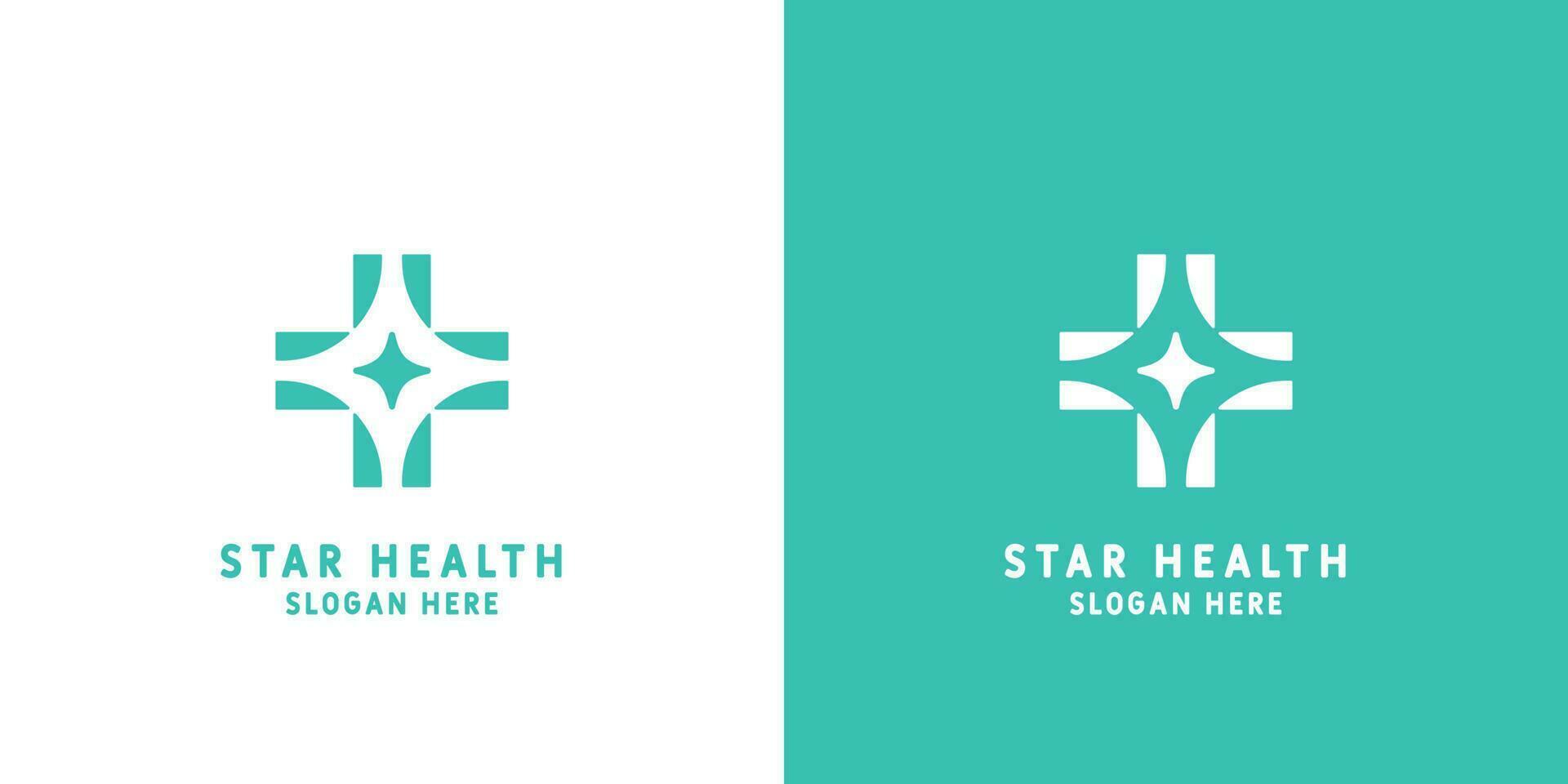 Health star logo design illustration. Silhouette of symbol combination plus star medical cross. Modern design suitable for web and app. vector