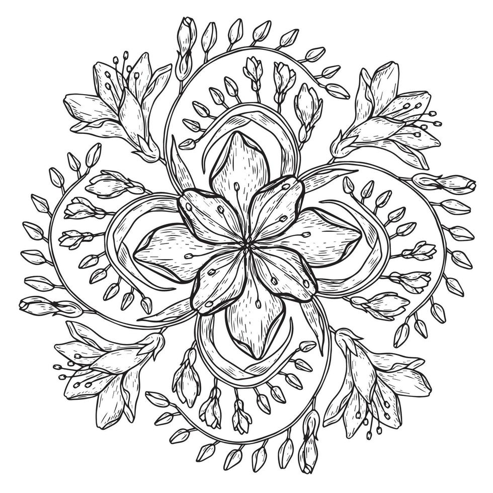 Circle spring and summer doodle ornament. Hand drawn mandala art with flowers and leaves black and white outline. vector