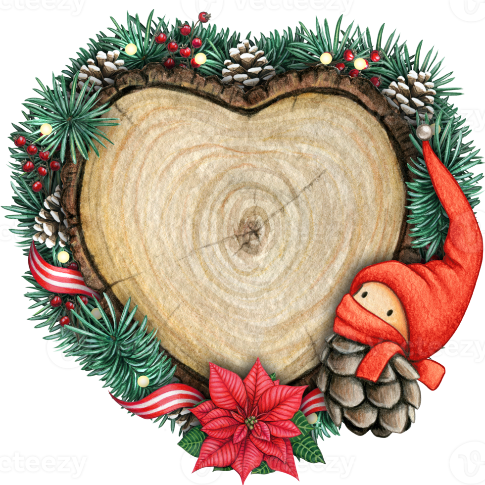 watercolor hand drawn wooden heart slice with elves, pinecones and pine branches png