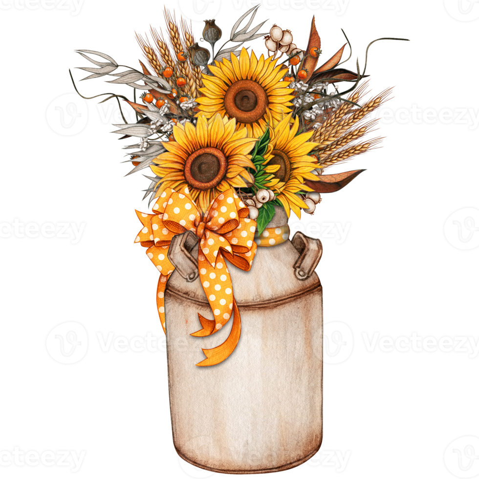 Watercolor vintage milk bucket with sunflowers png