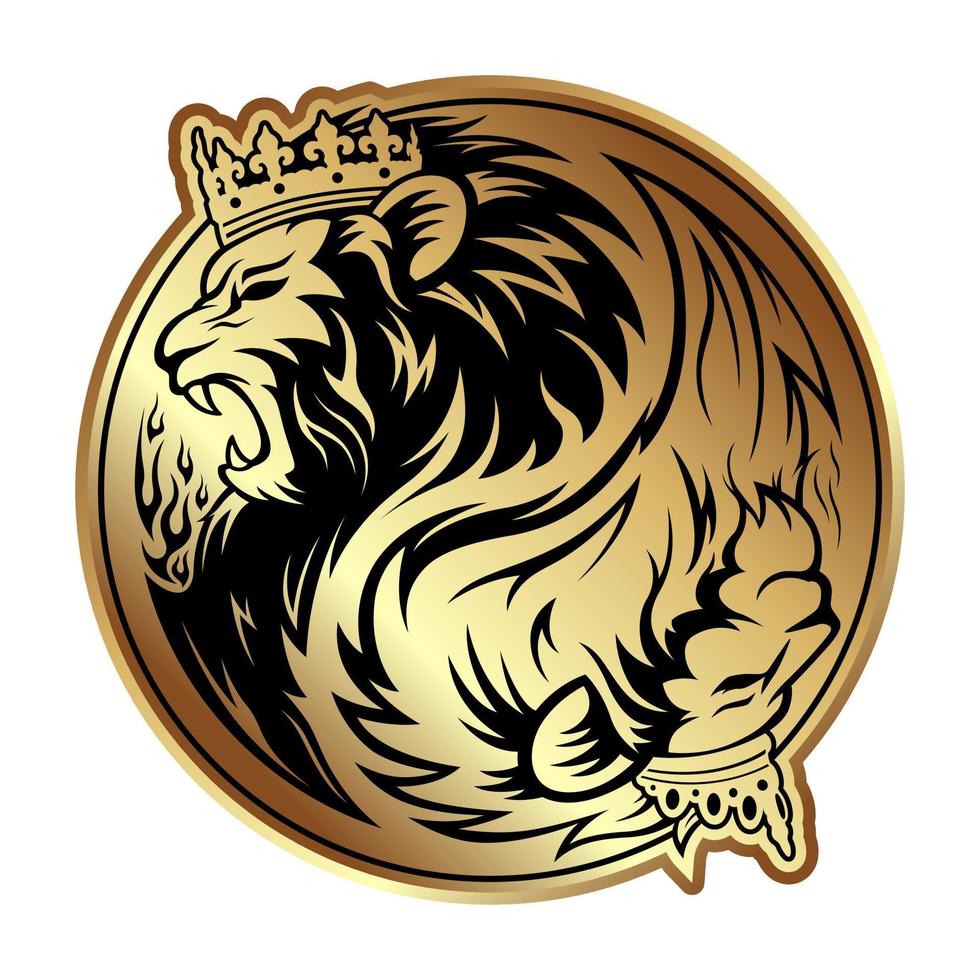 cabeza Rey y reina leones yin yang símbolo negro oro vector