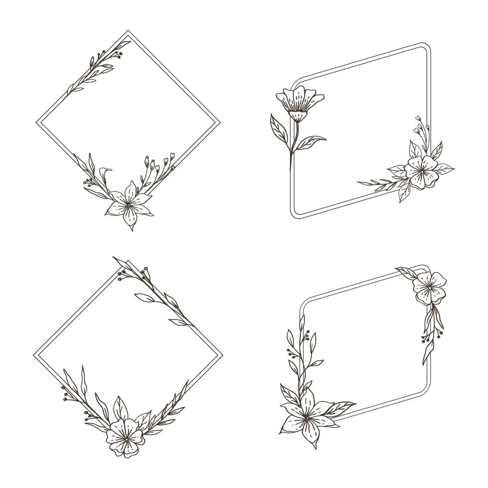 A set of Hand drawn floral frame simple minimalist with organic leaves and flower vector