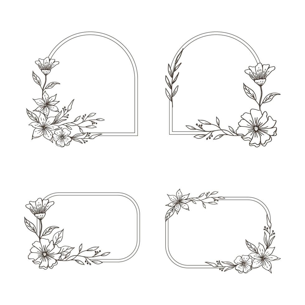 A set of Hand drawn floral frame simple minimalist with organic leaves and flower vector