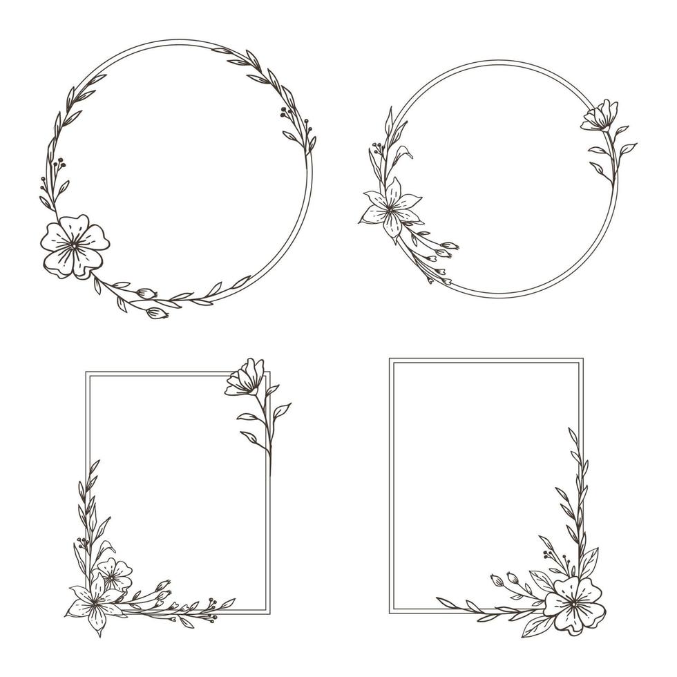 A set of Hand drawn floral frame simple minimalist with organic leaves and flower vector