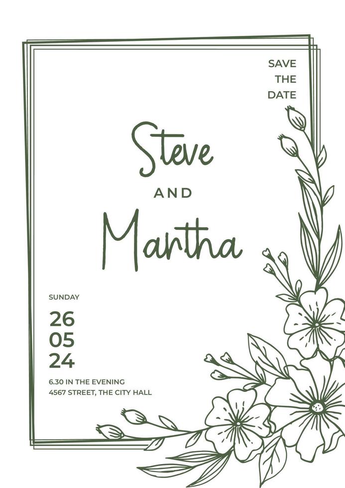 Floral wedding invitation template with organic hand drawn leaves and flowers decoration vector