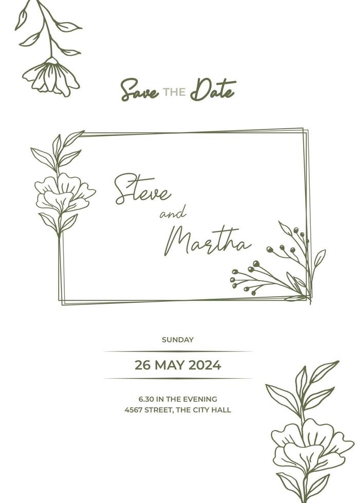 floral Boda invitación modelo con orgánico mano dibujado hojas y flores decoración vector