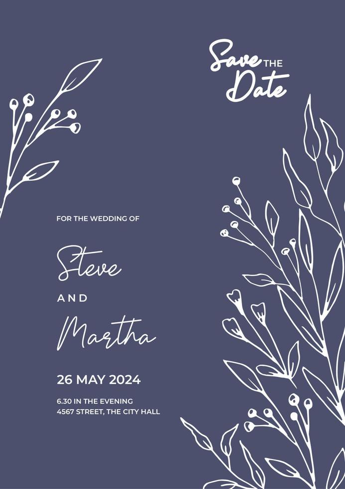 Floral wedding invitation template with organic hand drawn leaves and flowers decoration vector