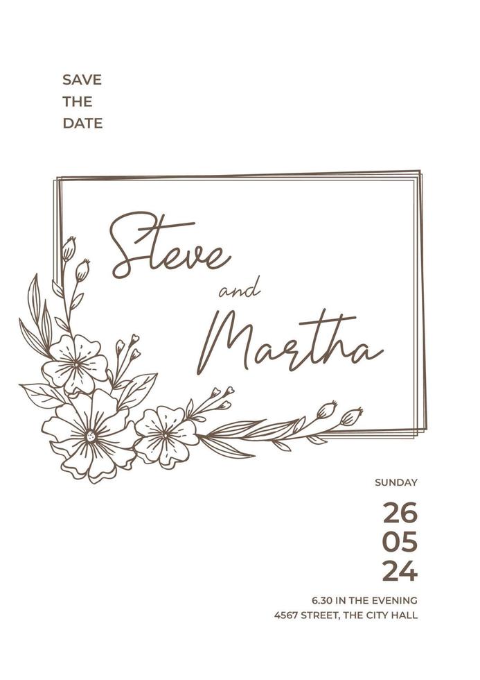 Floral wedding invitation template with organic hand drawn leaves and flowers decoration vector