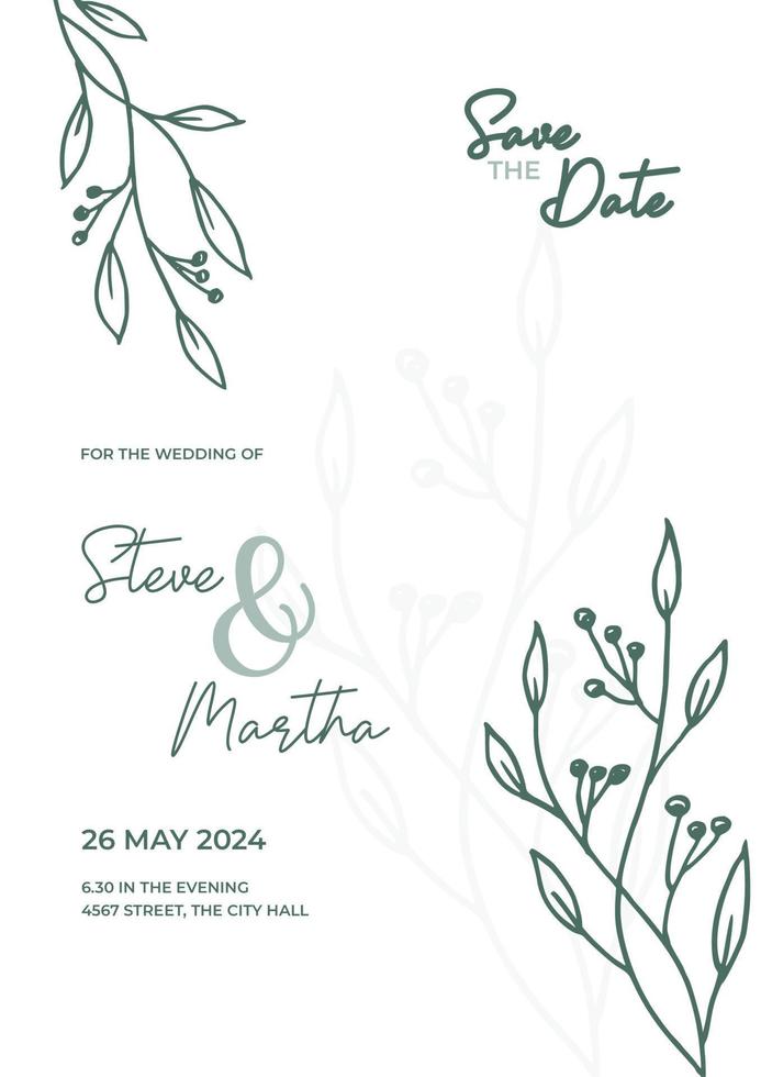 floral Boda invitación modelo con orgánico mano dibujado hojas y flores decoración vector