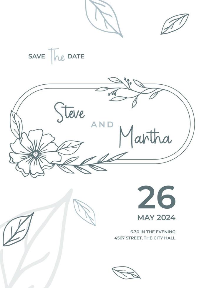 Simple Floral wedding invitation template with organic hand drawn leaves and flowers decoration vector