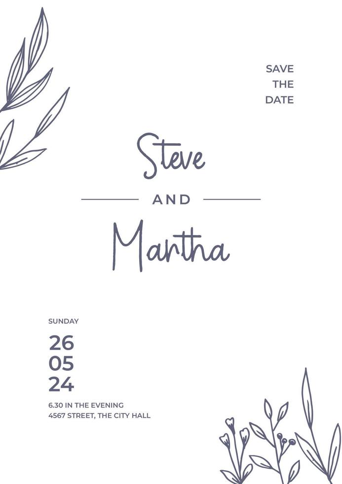 Simple Floral wedding invitation template with organic hand drawn leaves and flowers decoration vector