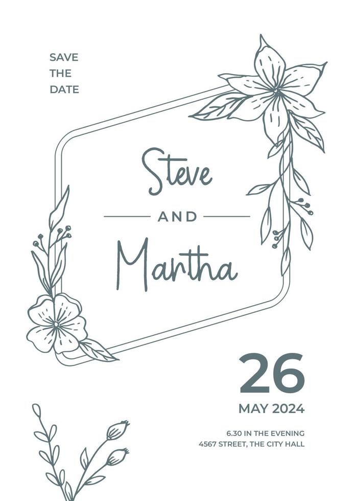 Simple Floral wedding invitation template with organic hand drawn leaves and flowers decoration vector