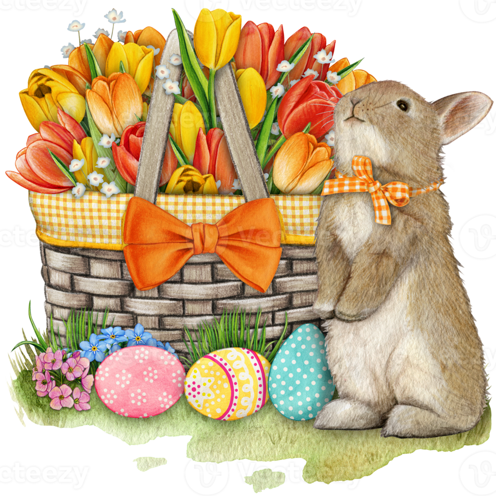 watercolor hand drawn floral basket with bunny and easter eggs png