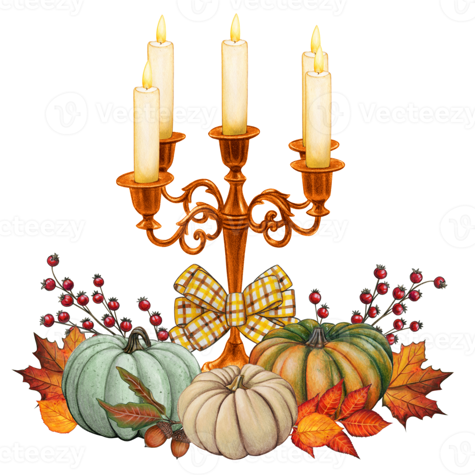 Watercolor hand drawn gothic candle holder with pumpkins png