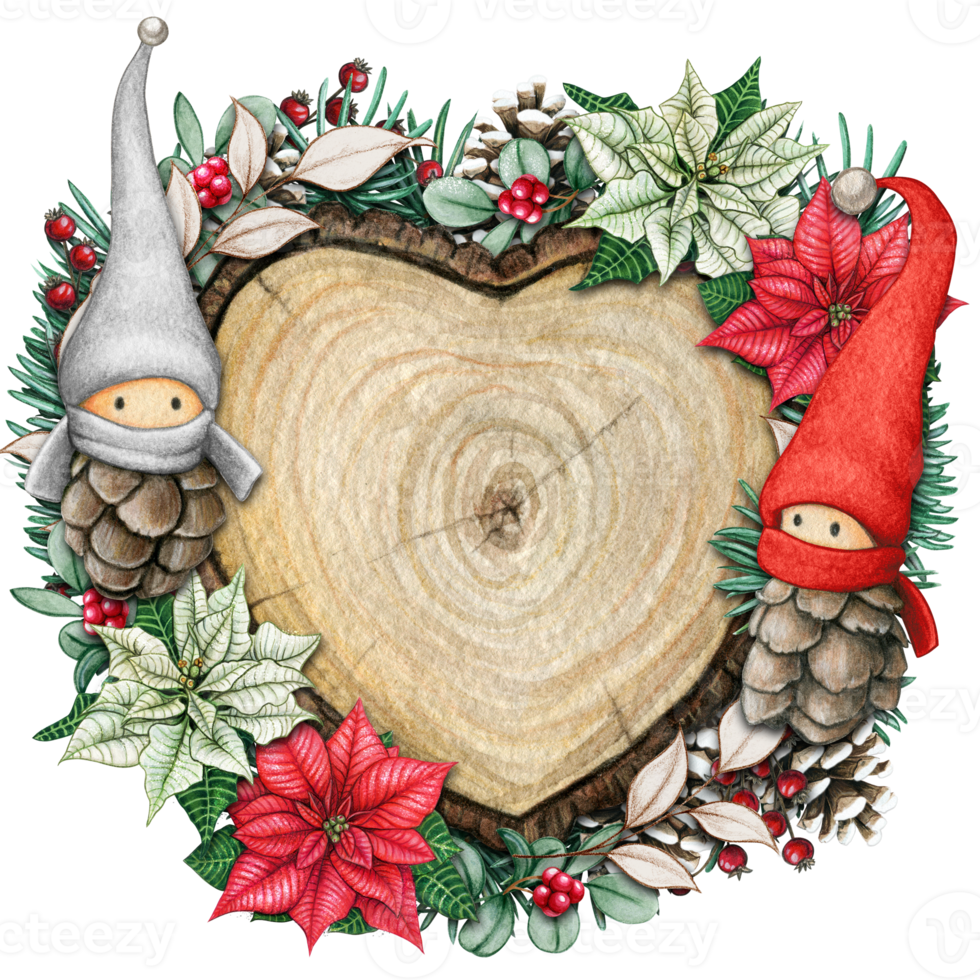 watercolor hand drawn wooden heart slice with elves, pinecones and pine branches png