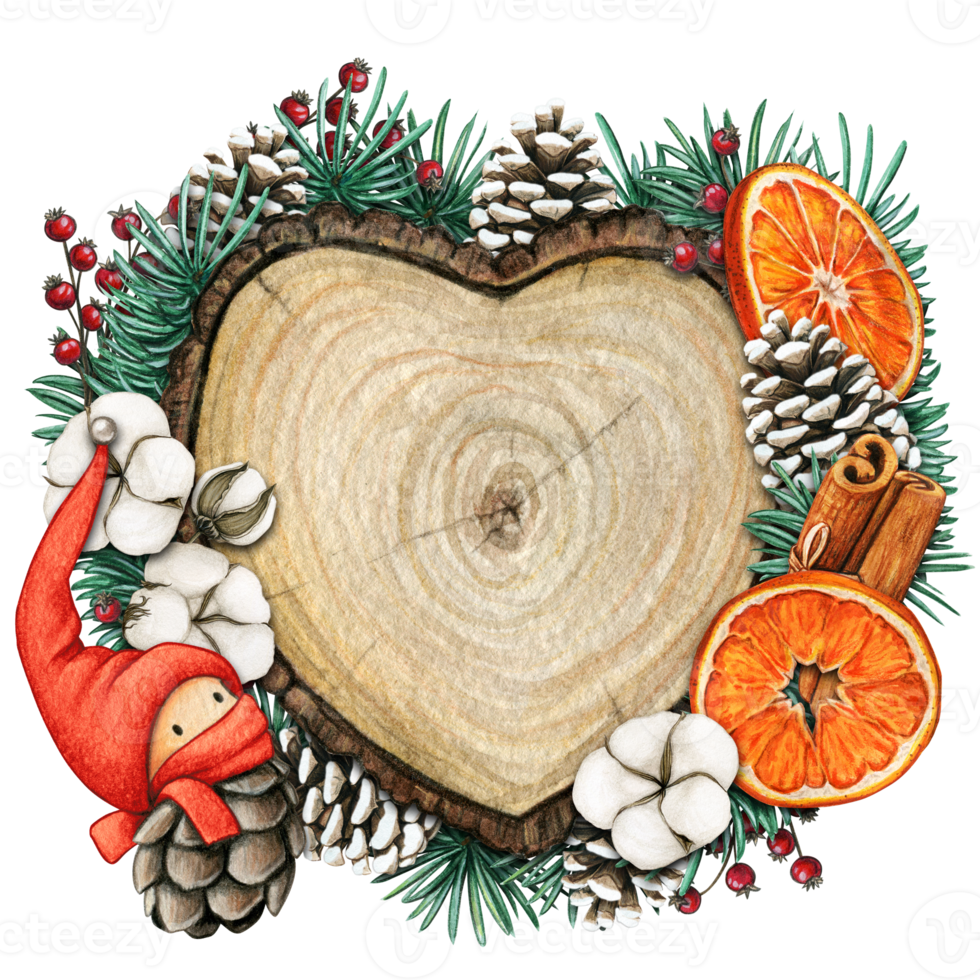 watercolor hand drawn wooden heart slice with elves, pinecones and pine branches png