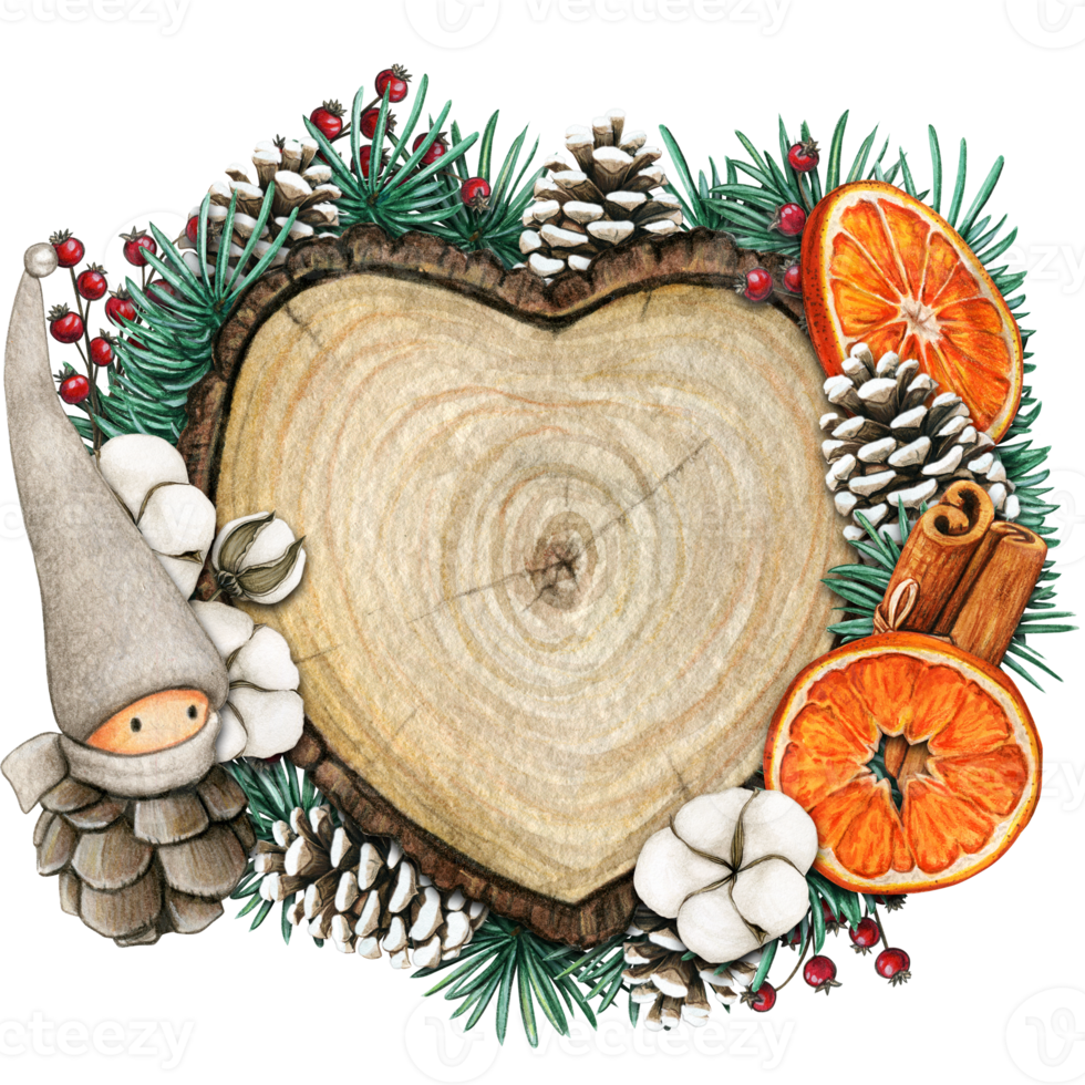 watercolor hand drawn wooden heart slice with elves, pinecones and pine branches png