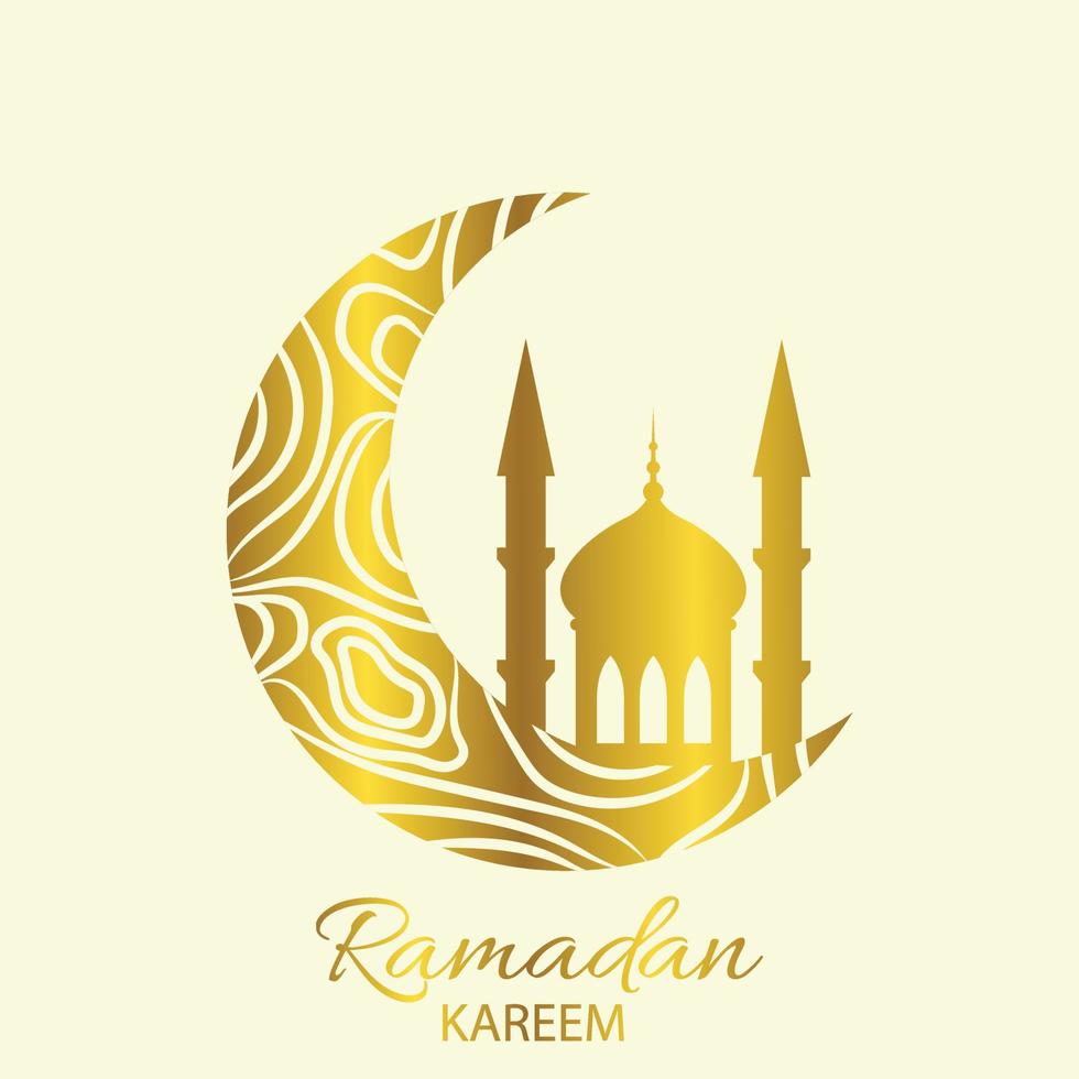 Ramadan Kareem Arabic calligraphy greeting card. Islamic crescent background with mosques. Vector illustration