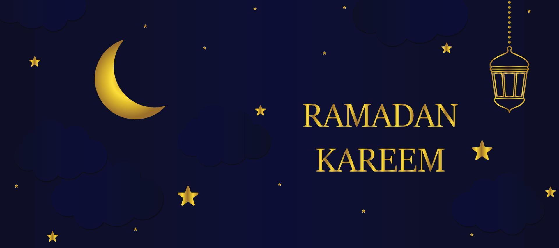 Ramadan Kareem Horizontal Sale Header or Voucher Template with Gold Moon, 3d Paper cut Clouds and Stars on Night Sky Dark Blue Background. Vector illustration