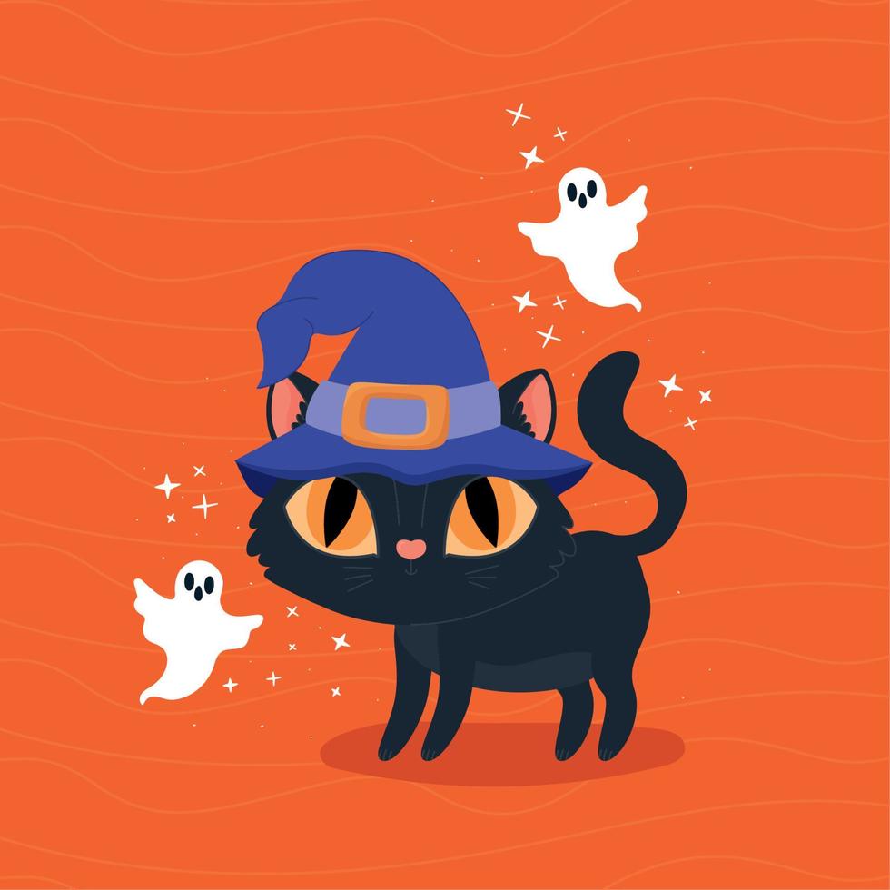 halloween cat with witch hat vector