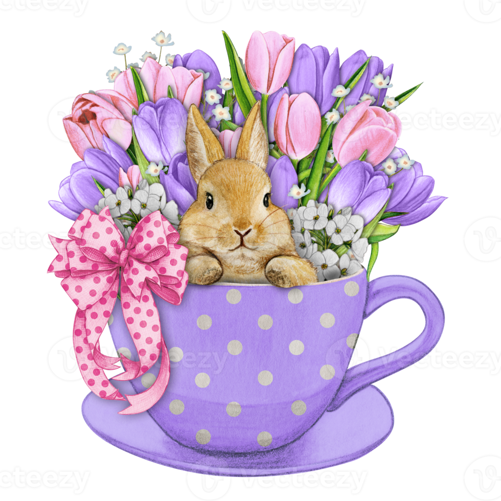 Watercolor hand drawn cute bunny in a tea cup png