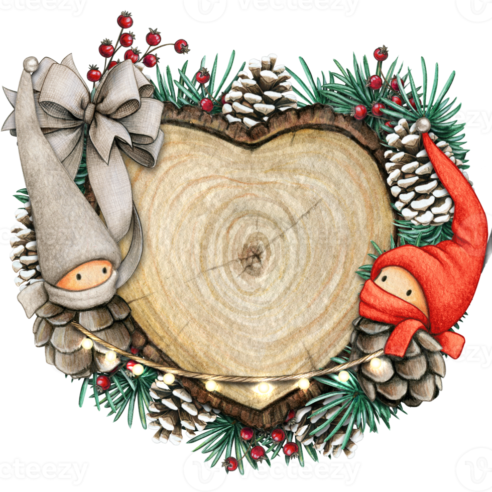 watercolor hand drawn wooden heart slice with elves, pinecones and pine branches png