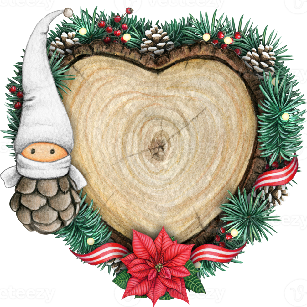 watercolor hand drawn wooden heart slice with elves, pinecones and pine branches png