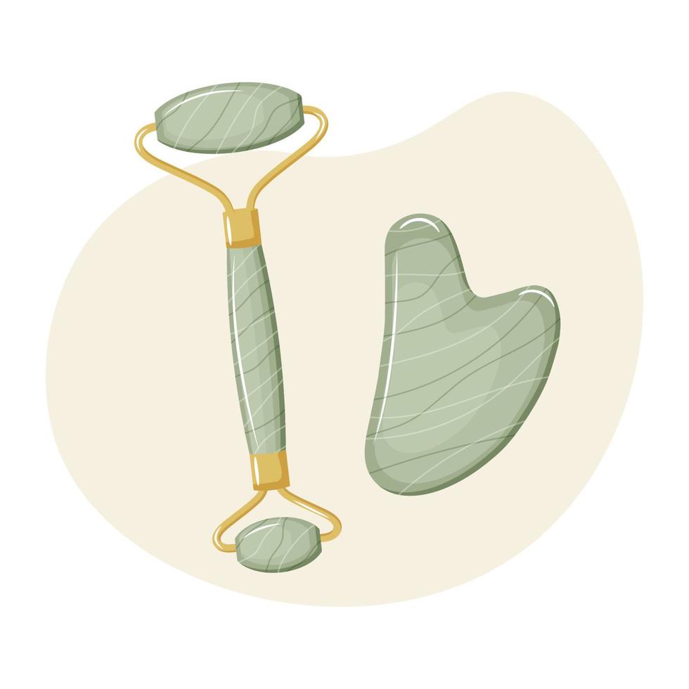 Jade facial roller and gouache scraper. Chinese gua sha massage. Collection of different shape natural green nephrite stones. Skin care. Vector illustration in flat.