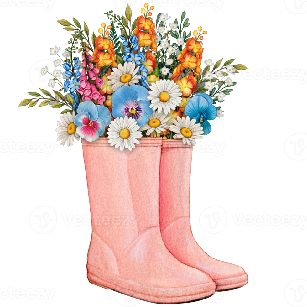 Aquarell Gummi Stiefel mit Blumen- Strauß png