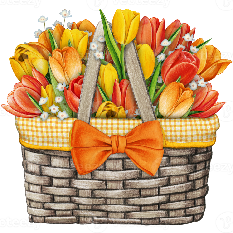 watercolor basket with floral bouquet png