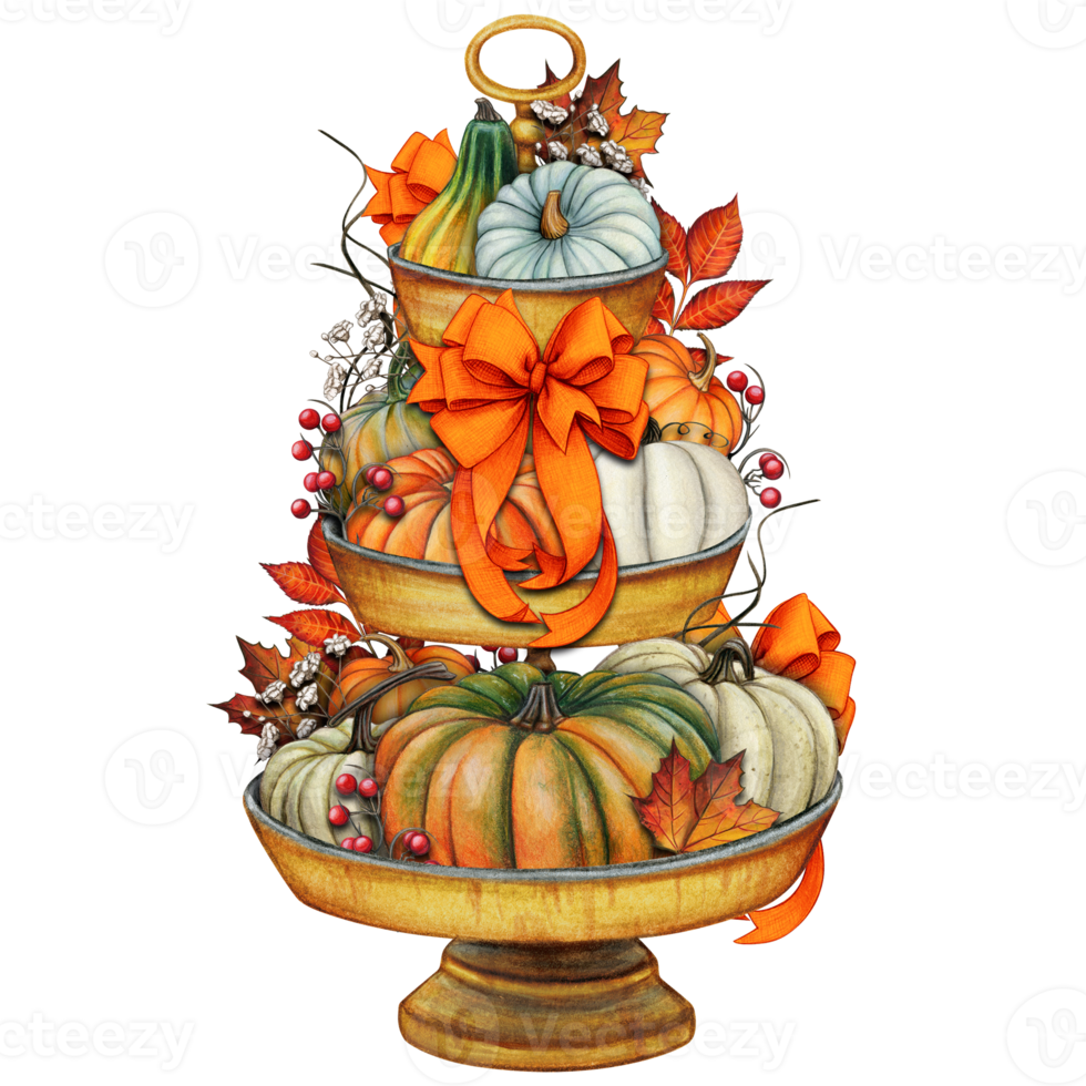 Watercolor hand drawn fall decorated tiered tray png