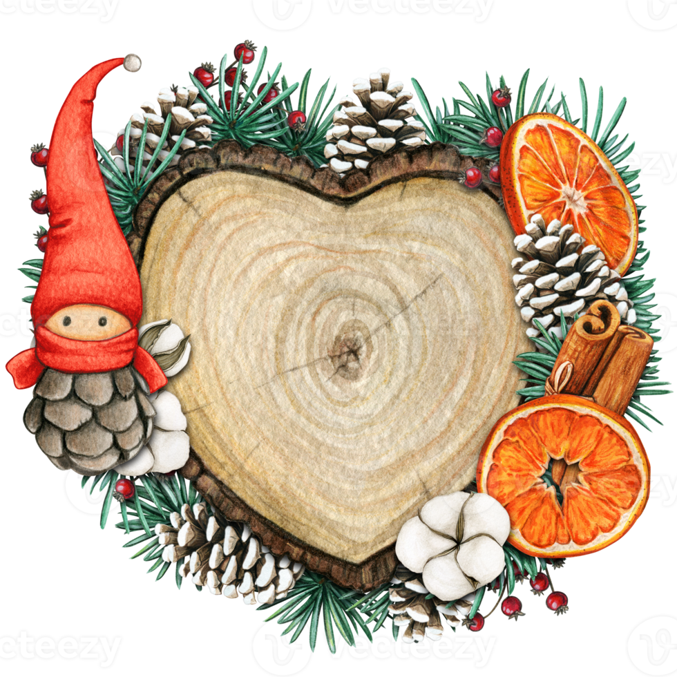 watercolor hand drawn wooden heart slice with elves, pinecones and pine branches png