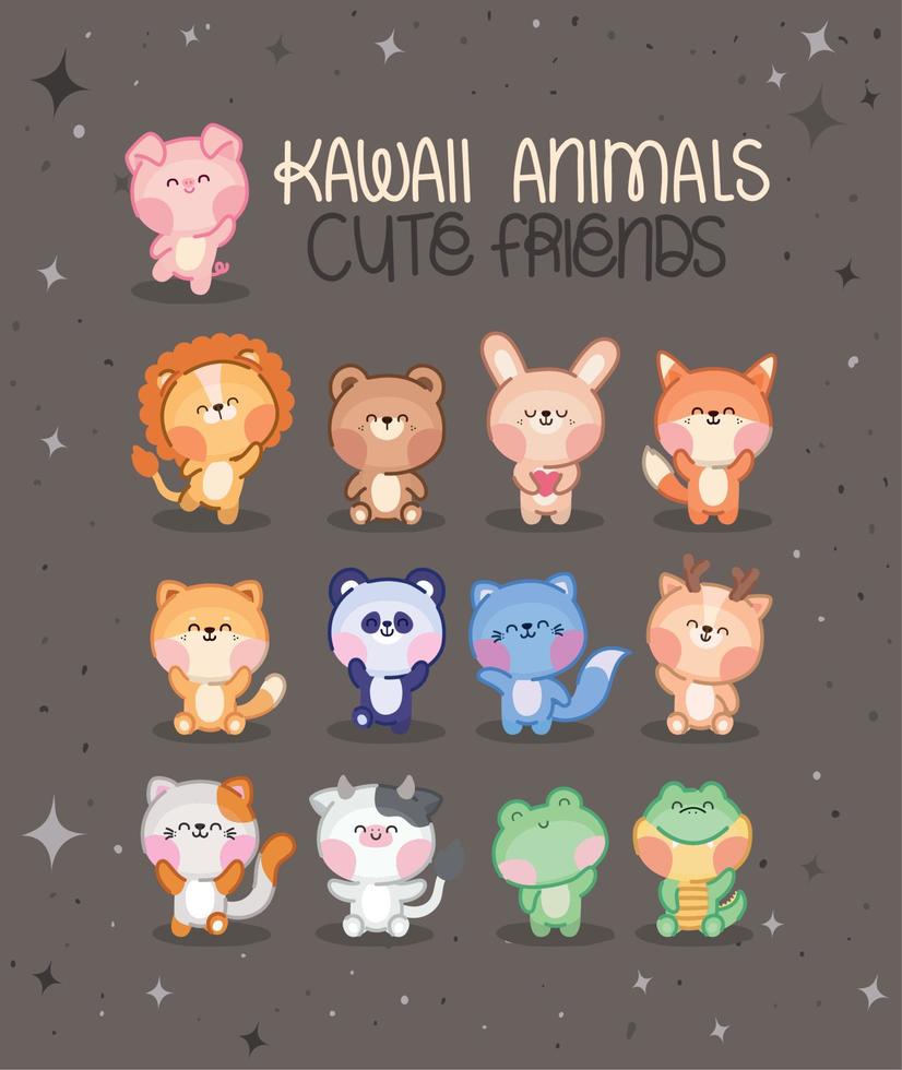 set of kawaii animals vector