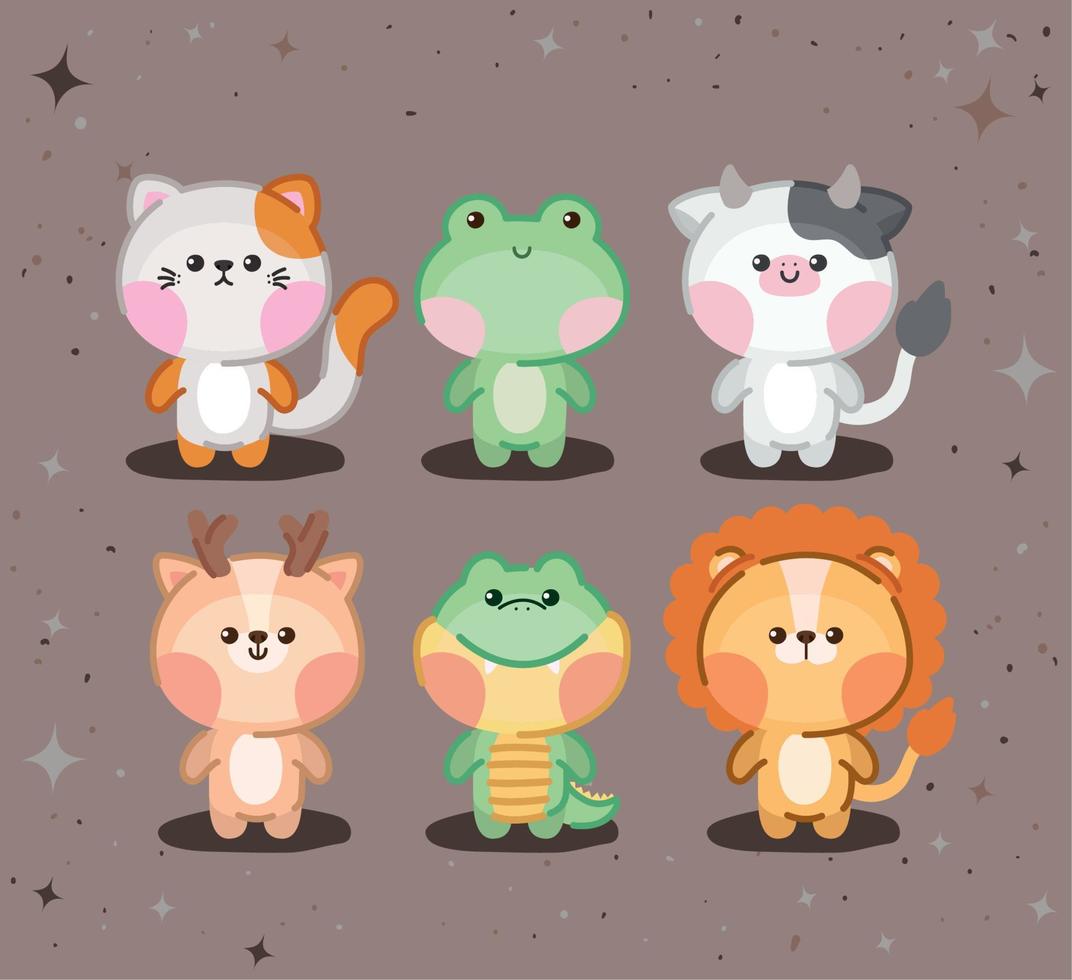 seis kawaii animales vector