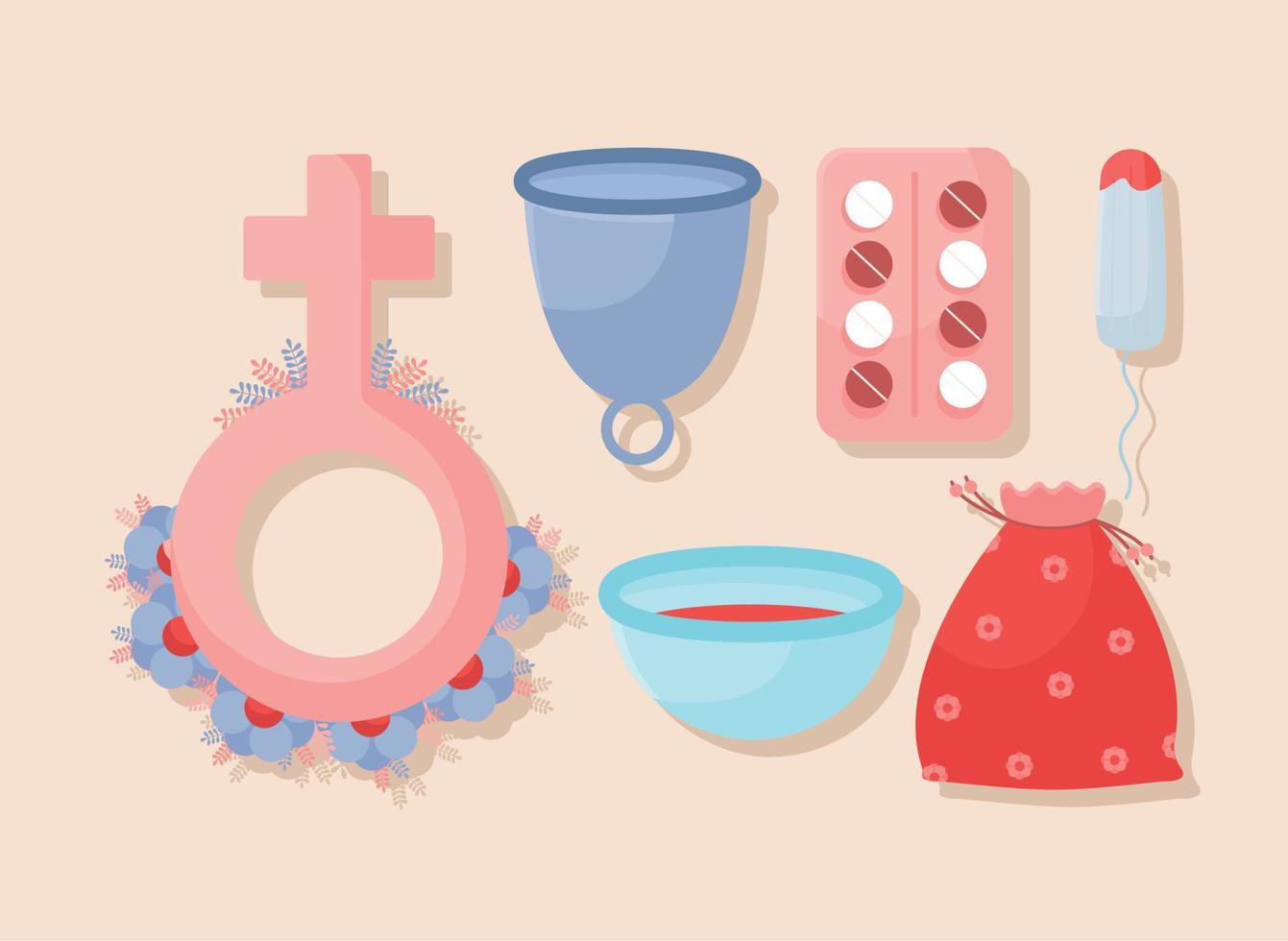 six women menstrual items vector