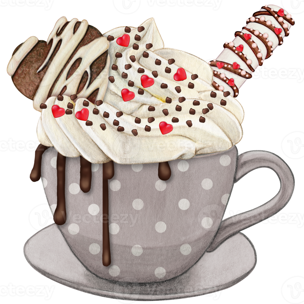 Watercolor hand drawn dotted chocolate cup with cream and cookies png