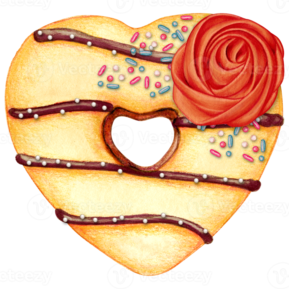 watercolor hand drawn heart shaped donut png