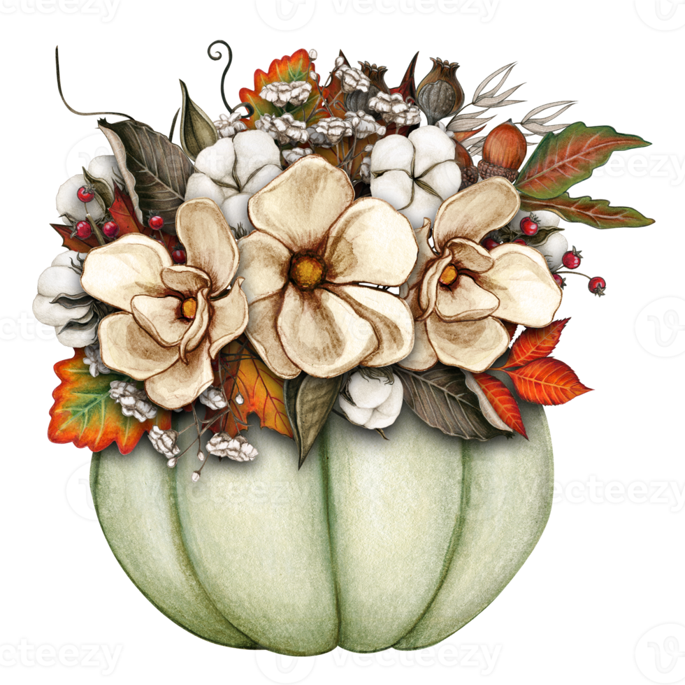 watercolor fall composition with pumpkin, sunflowers, dry herbs png