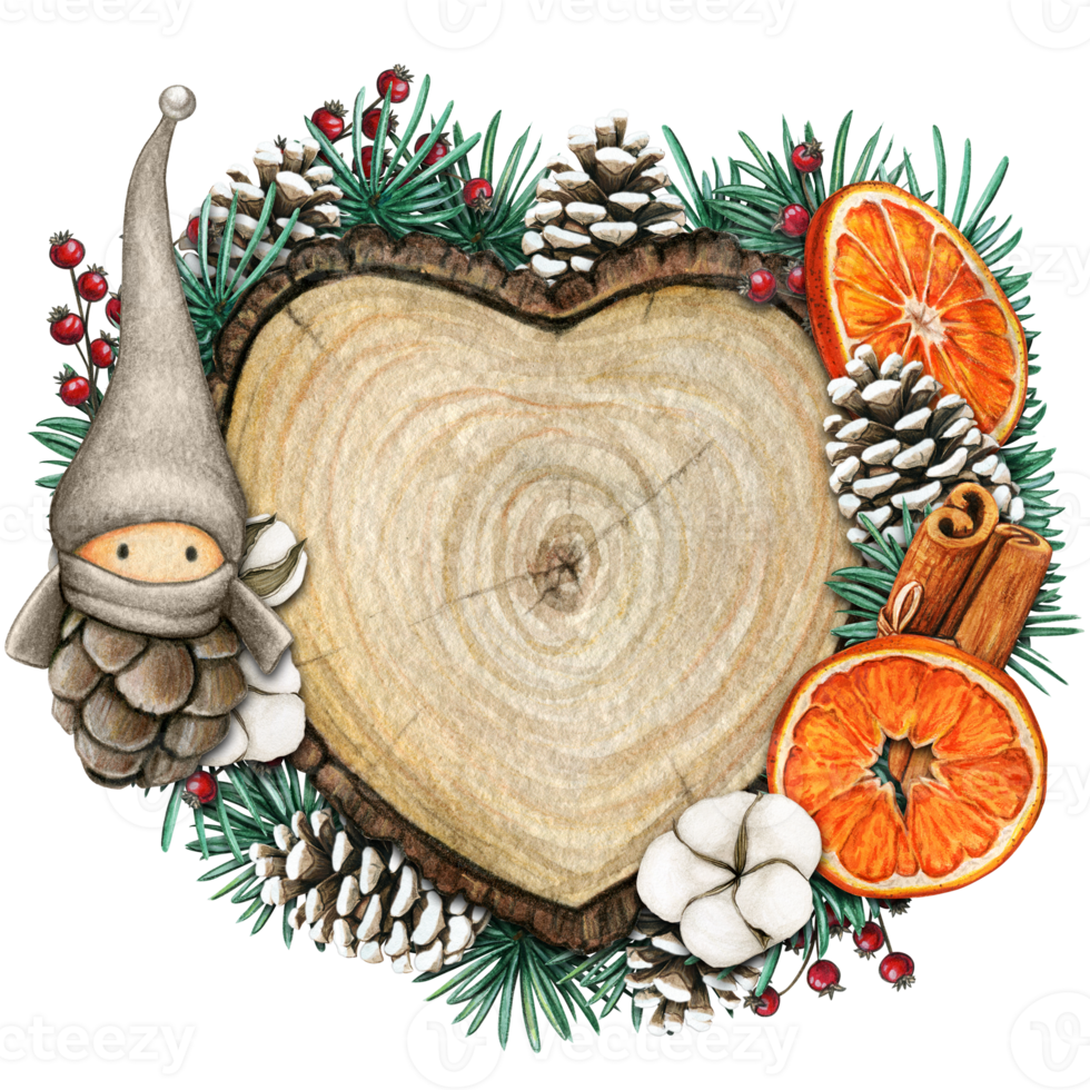 watercolor hand drawn wooden heart slice with elves, pinecones and pine branches png