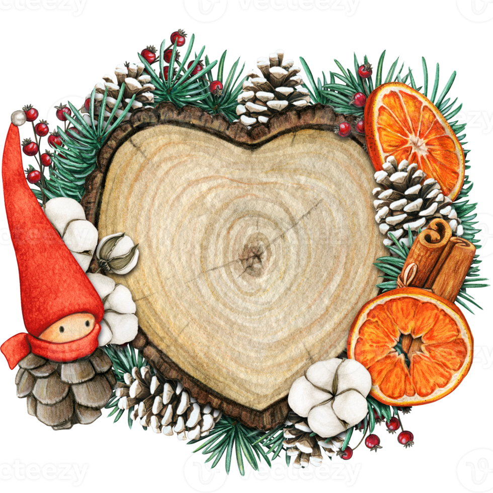 watercolor hand drawn wooden heart slice with elves, pinecones and pine branches png