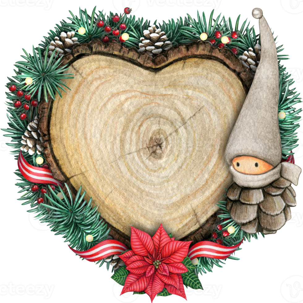 watercolor hand drawn wooden heart slice with elves, pinecones and pine branches png