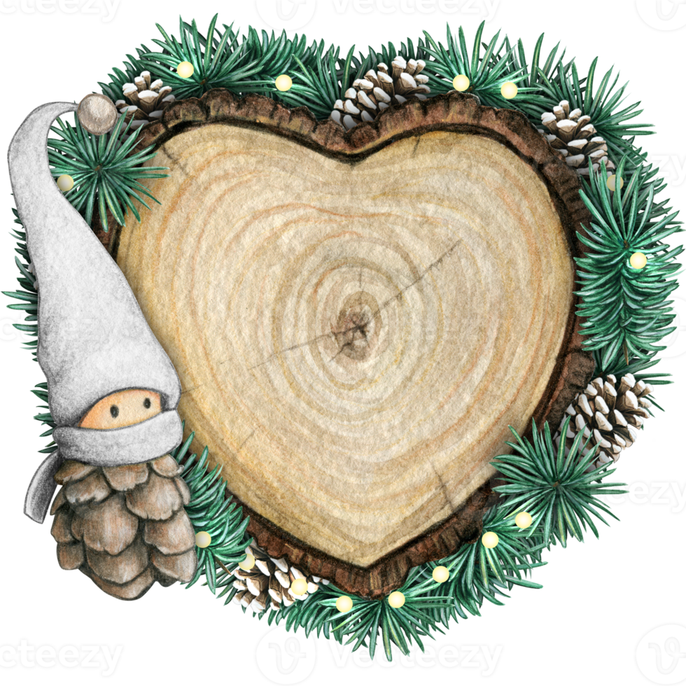 watercolor hand drawn wooden heart slice with elves, pinecones and pine branches png