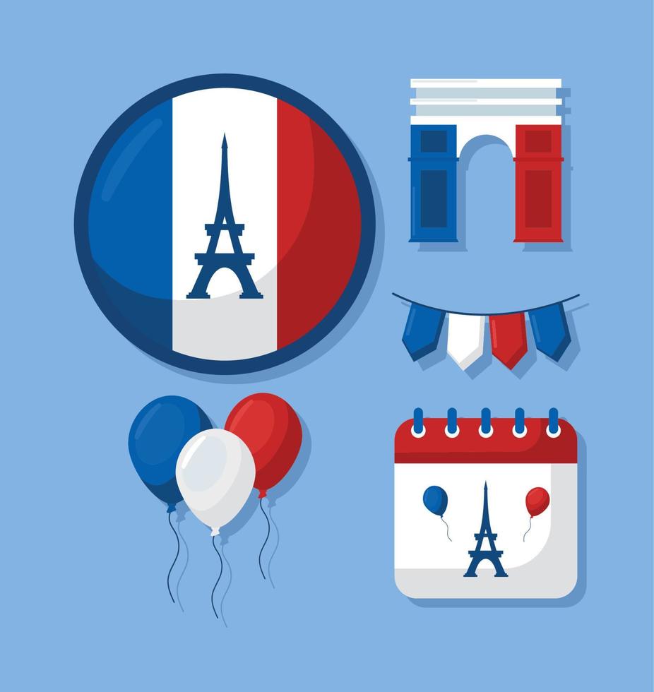 five bastille day items vector