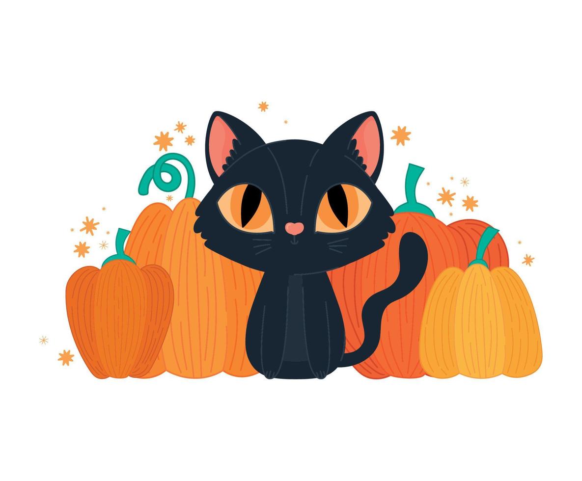halloween cat with pumpkins vector