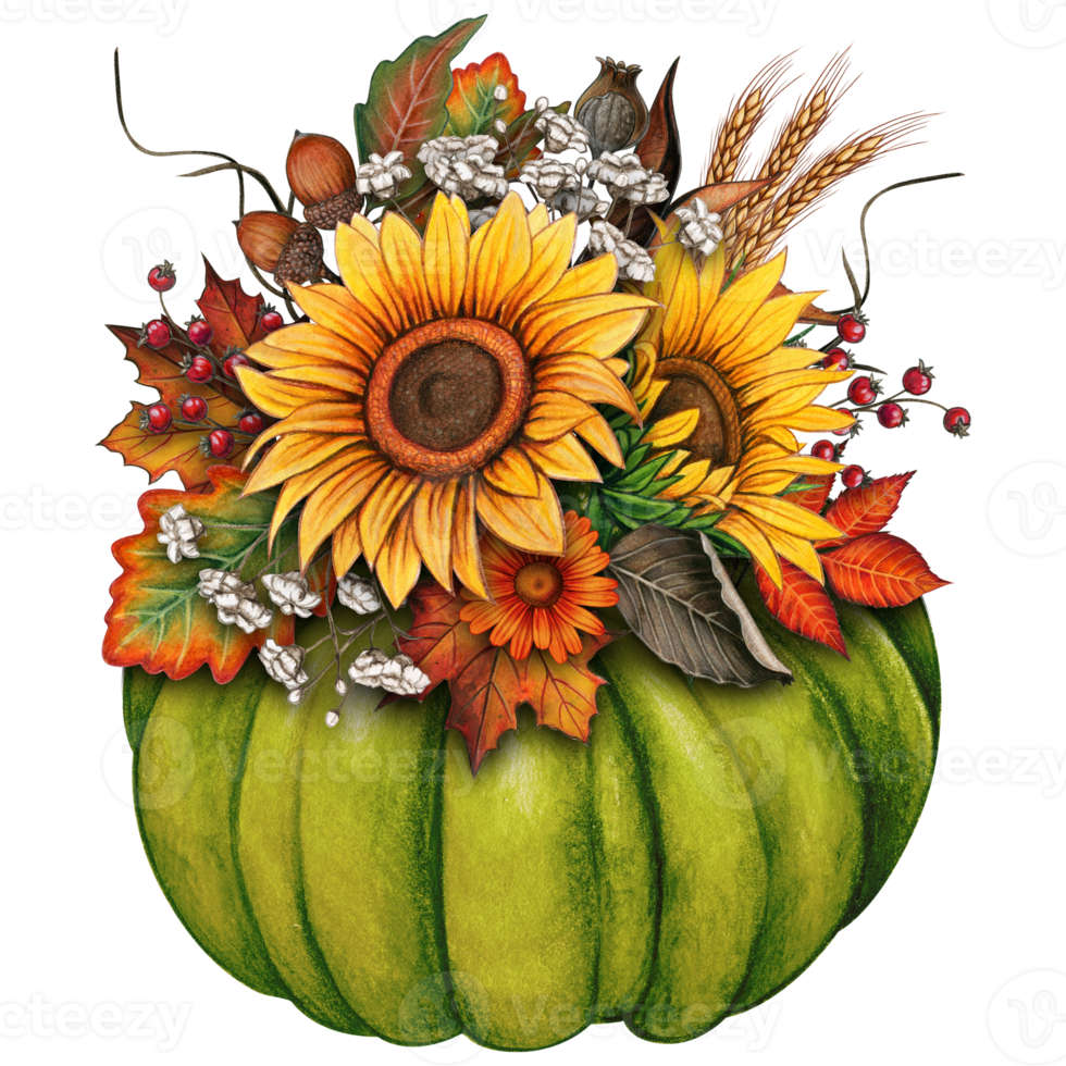 watercolor fall composition with pumpkin, sunflowers, dry herbs png