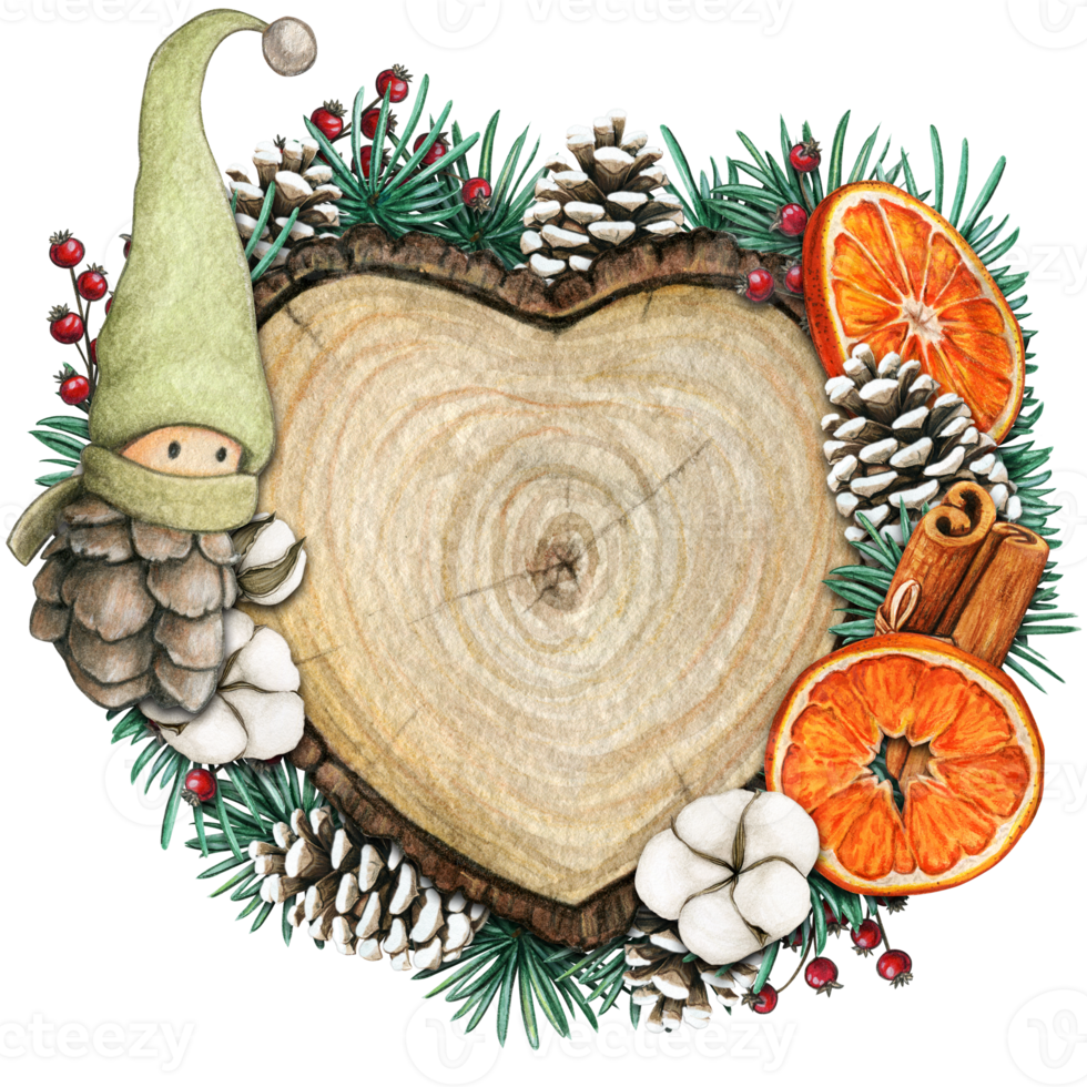 watercolor hand drawn wooden heart slice with elves, pinecones and pine branches png