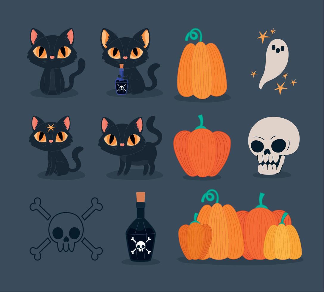 eleven halloween items vector