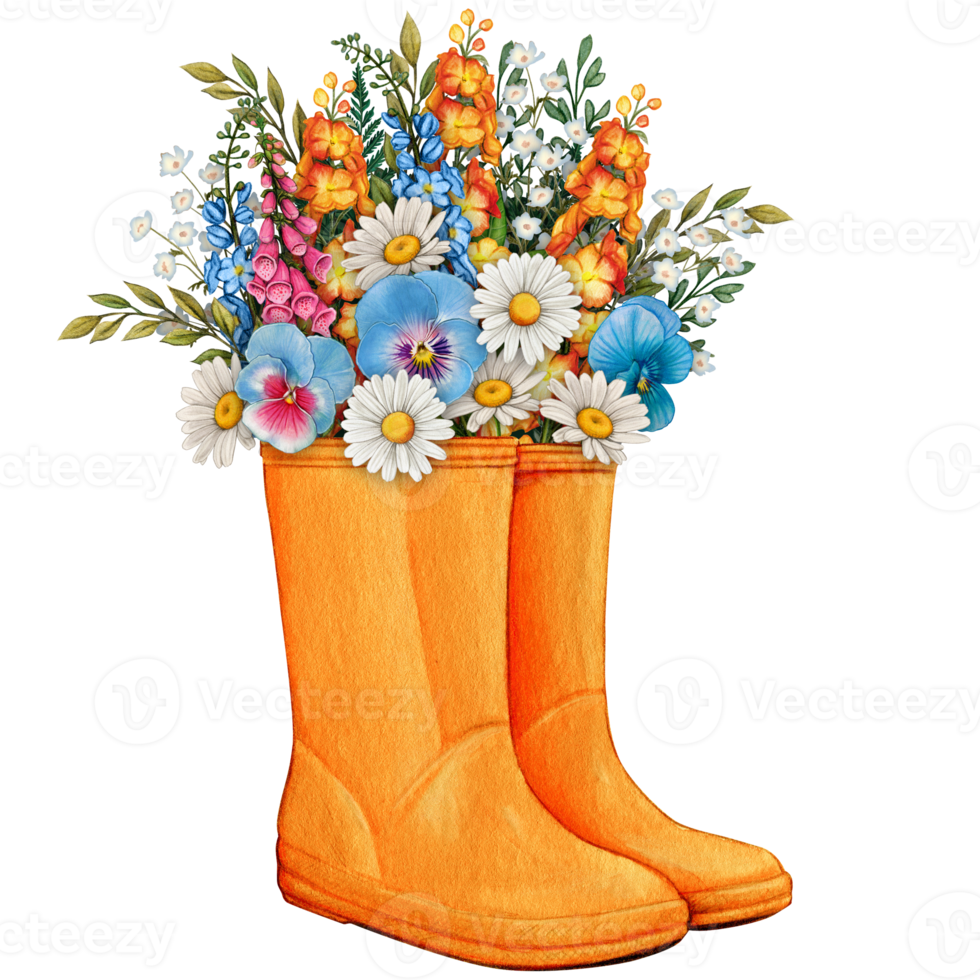 watercolor rubber boots with floral bouquet png