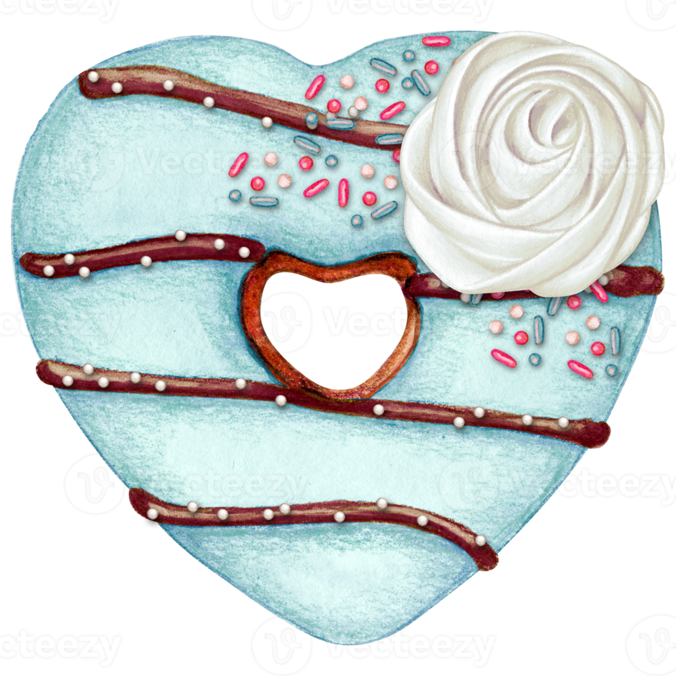 watercolor hand drawn heart shaped donut png