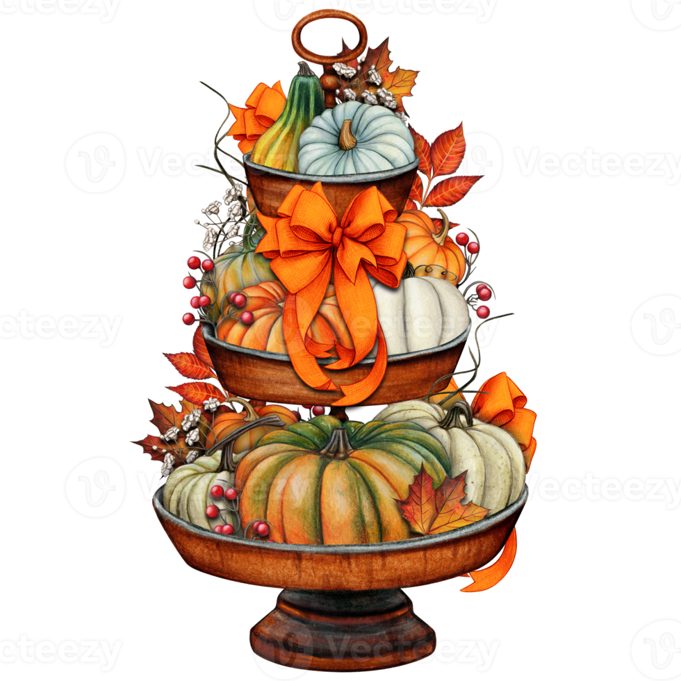 Watercolor hand drawn fall decorated tiered tray png